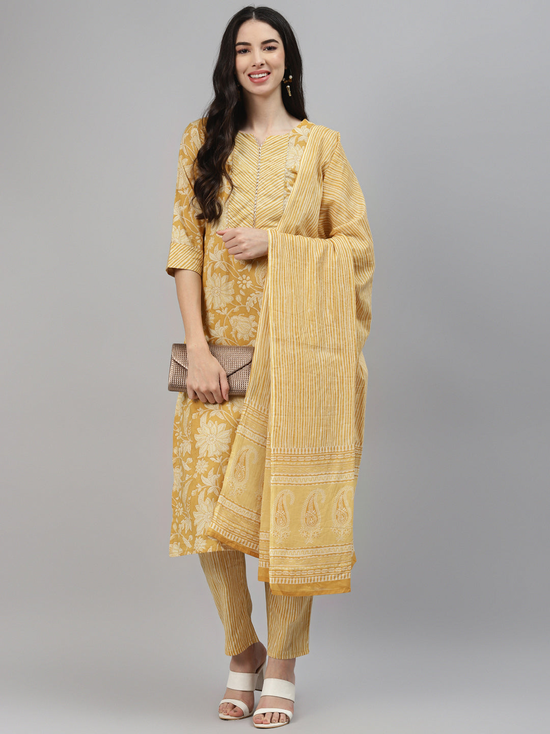 Yellow Printed Cotton Suit Set