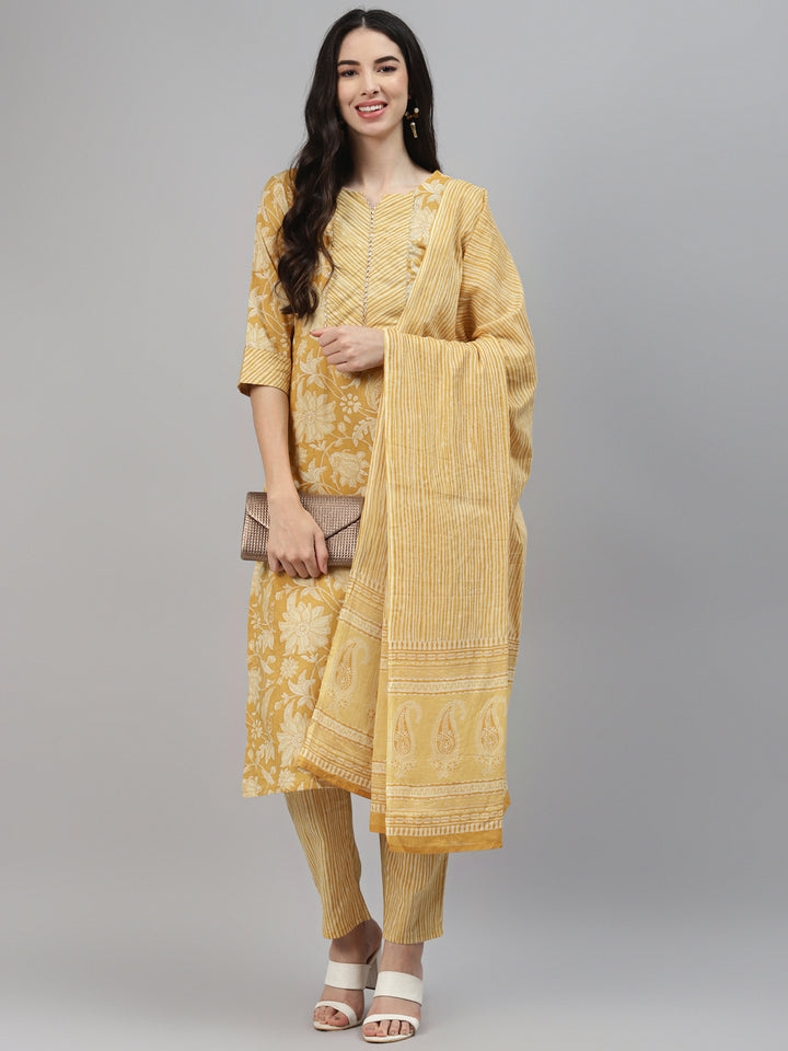 Yellow Printed Cotton Suit Set