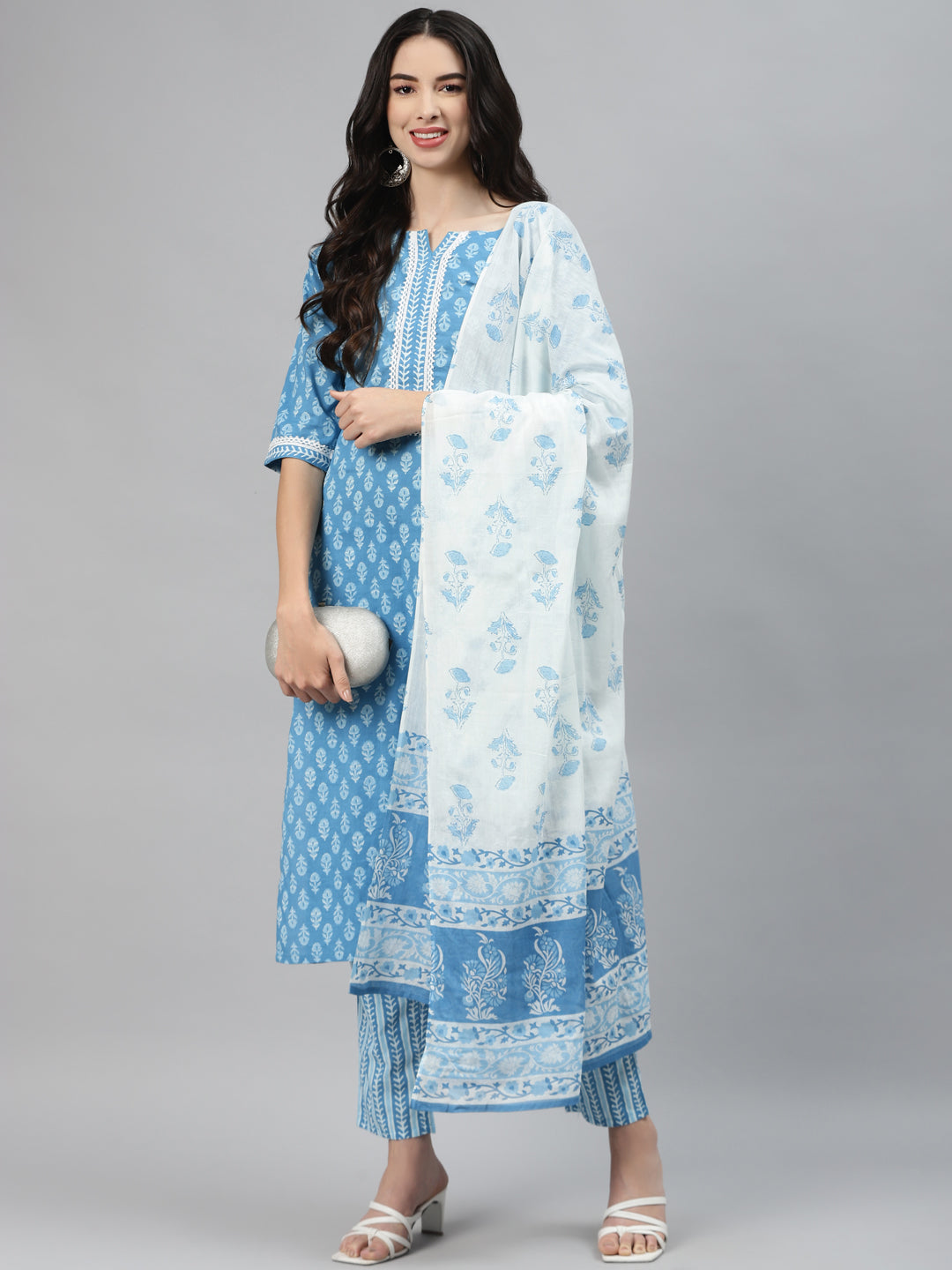 Blue Printed Cotton Suit Set