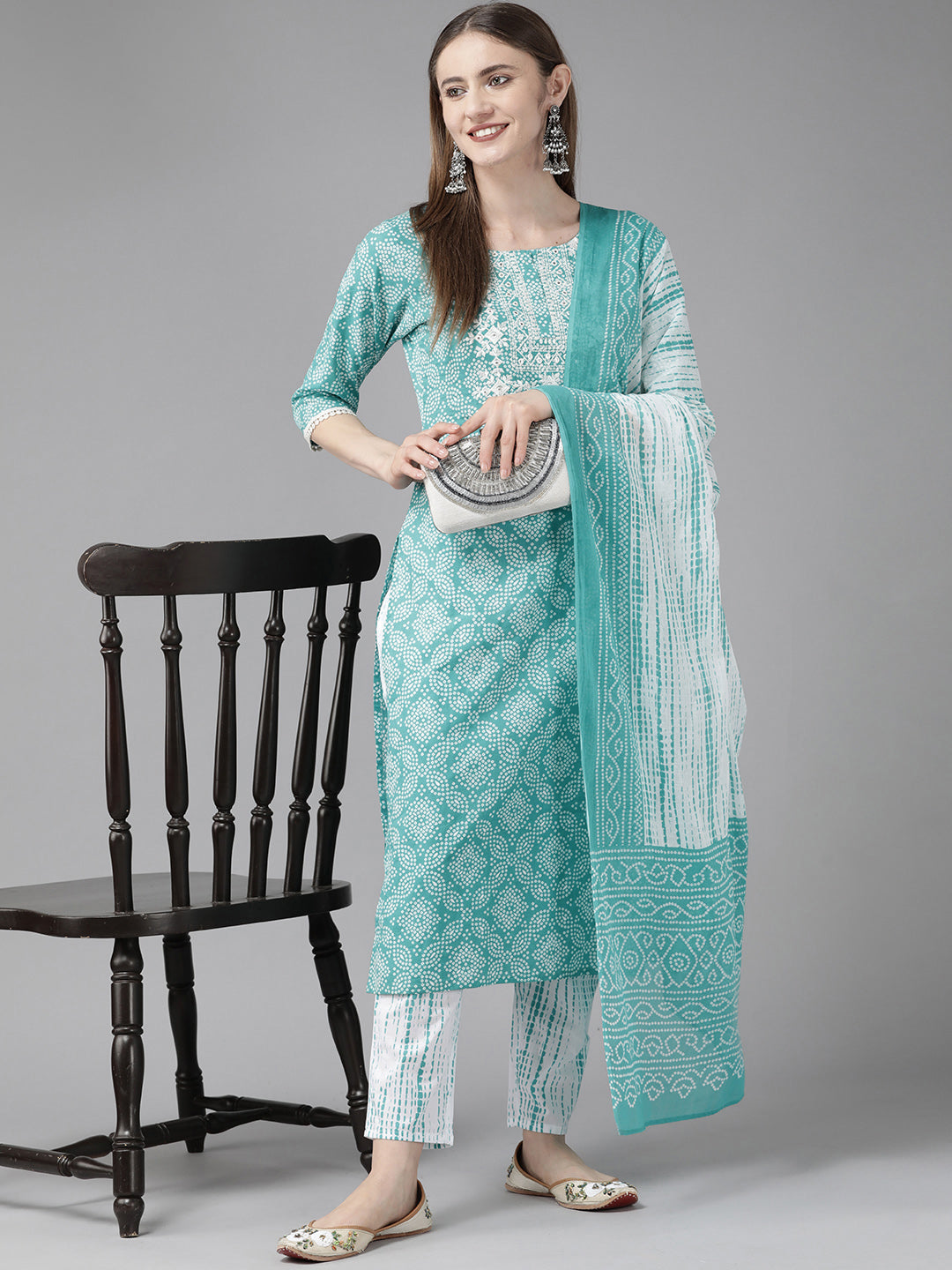 Blue Embroidered Bandhni Printed Cotton Suit Set