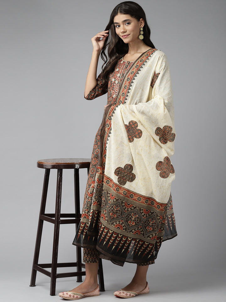 Brown Embroidered Cotton Suit Set