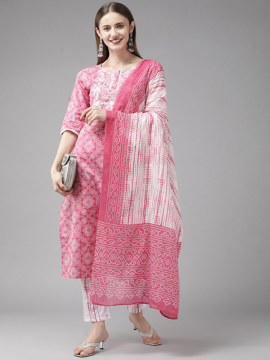 Pink Embroidered Bandhni Printed Cotton Suit Set