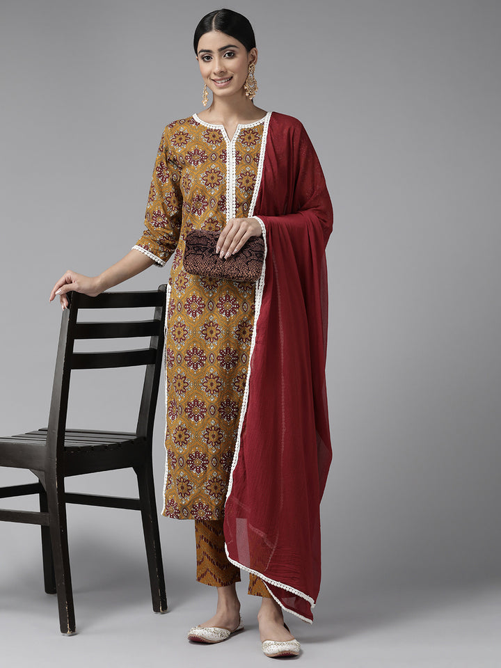 Mustard Ethnic Motifs Printed Pure Cotton Suit Set