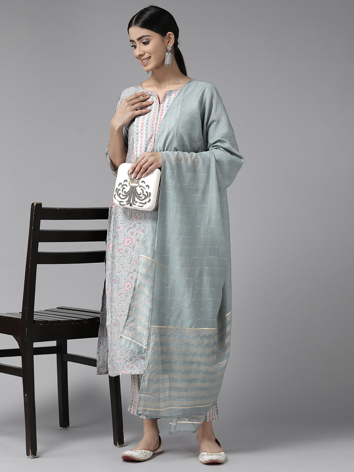 Grey Floral Printed Chanderi Silk Suit Set