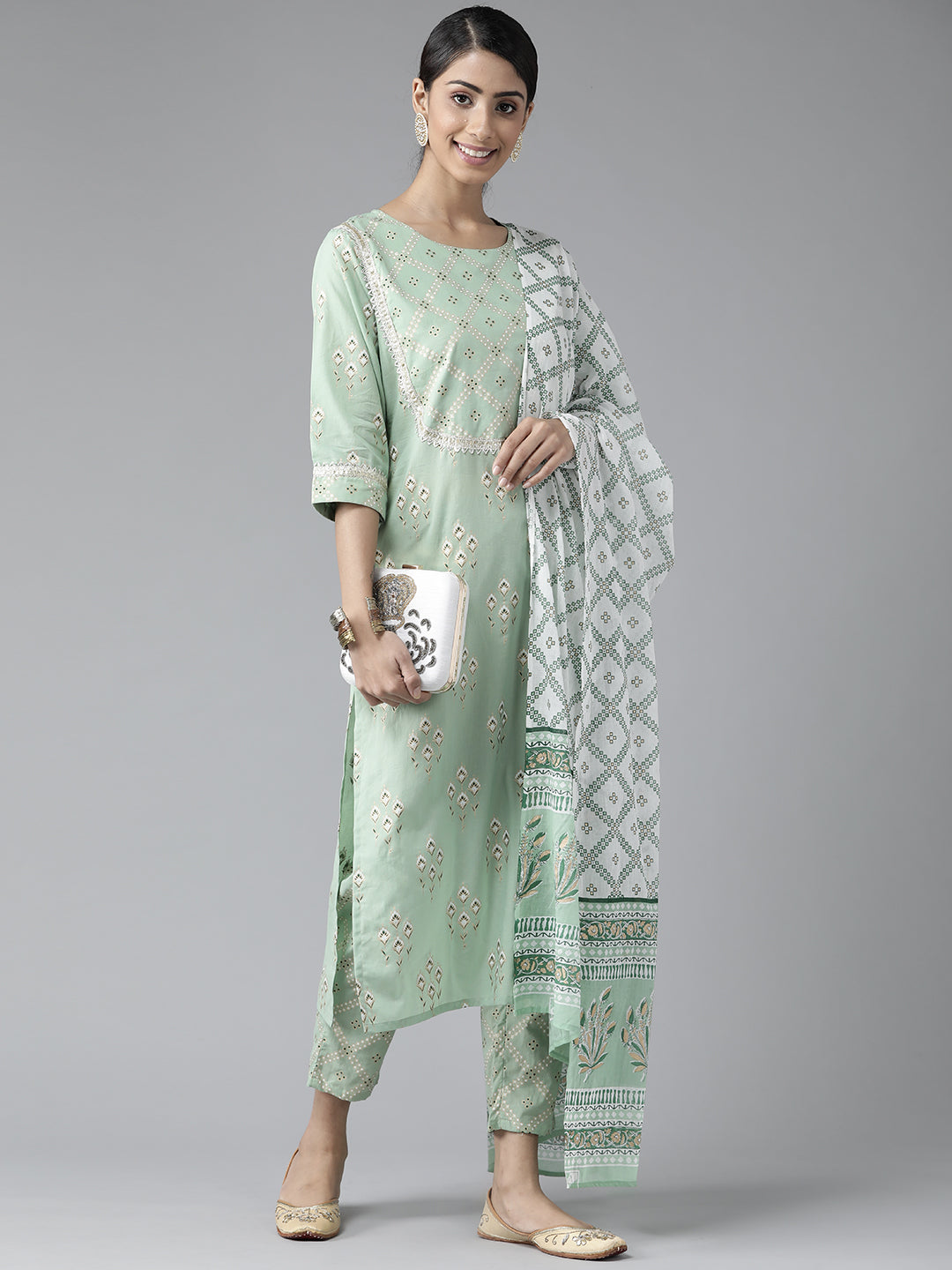 Green Printed Cotton Suit Set