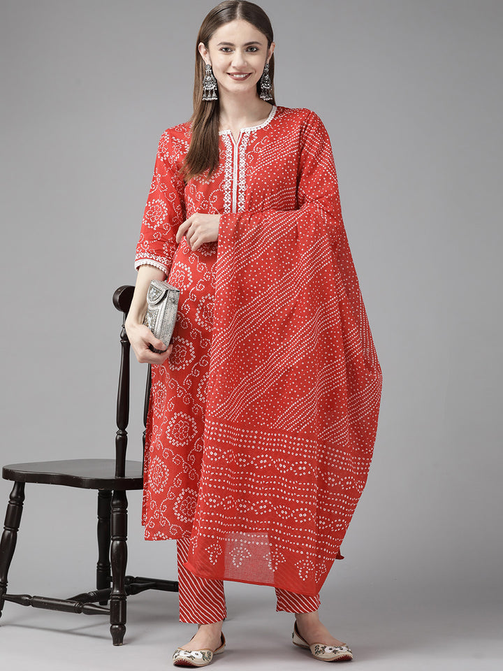 Red Bandhni Printed Cotton Suit Set