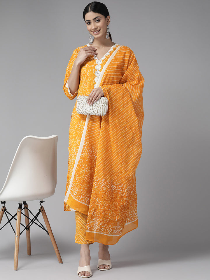 Yellow Mirror Work Bandhni Printed Cotton Suit Set