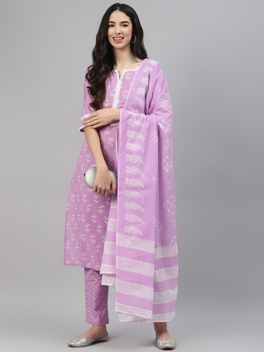 Lilac Printed Cotton Suit Set