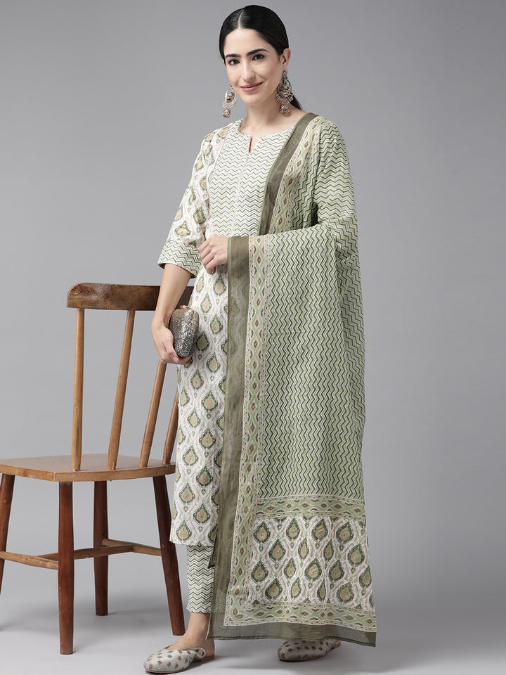 Off White Ethnic Motif Printed Cotton Suit Set