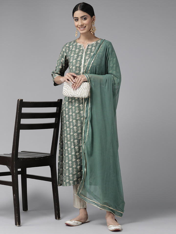 Green Ethnic Motifs Printed Chanderi Silk Suit Set