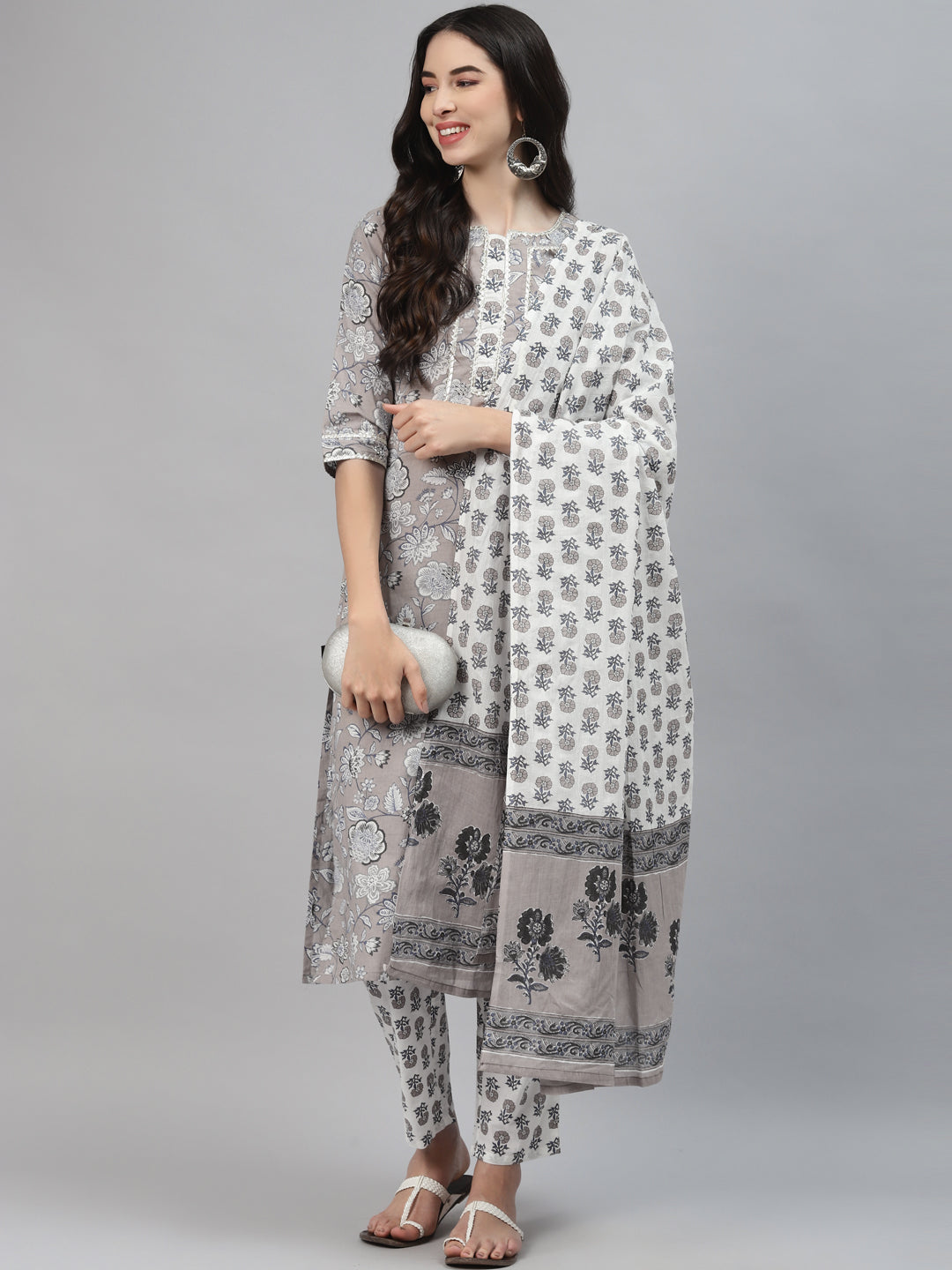 Grey Printed Cotton Suit Set