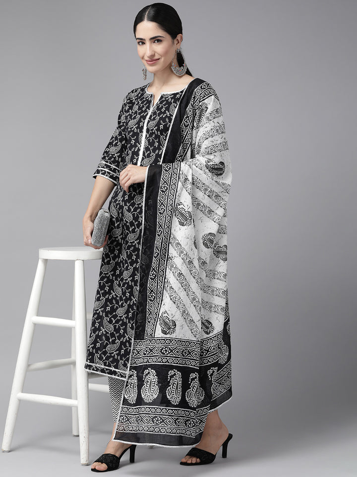 Black Ethnic Motif Printed Cotton Suit Set