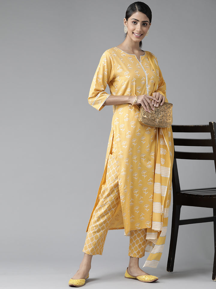 Yellow Silver Printed Cotton Suit Set