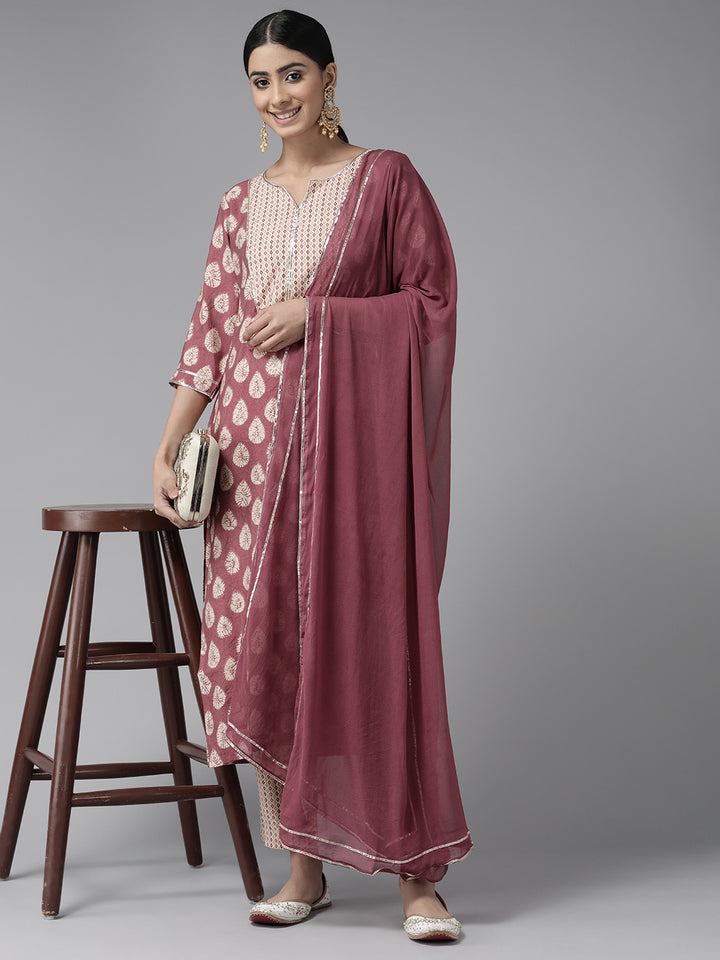 Dark Peach Ethnic Printed Chanderi Silk Suit Set