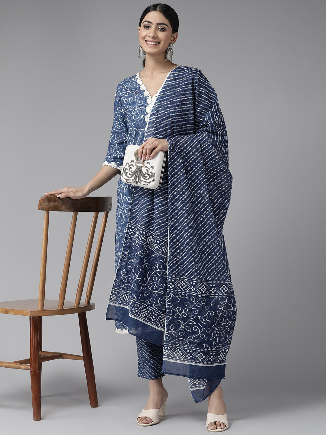 Navy Blue Mirror Work Bandhni Printed Cotton Suit Set