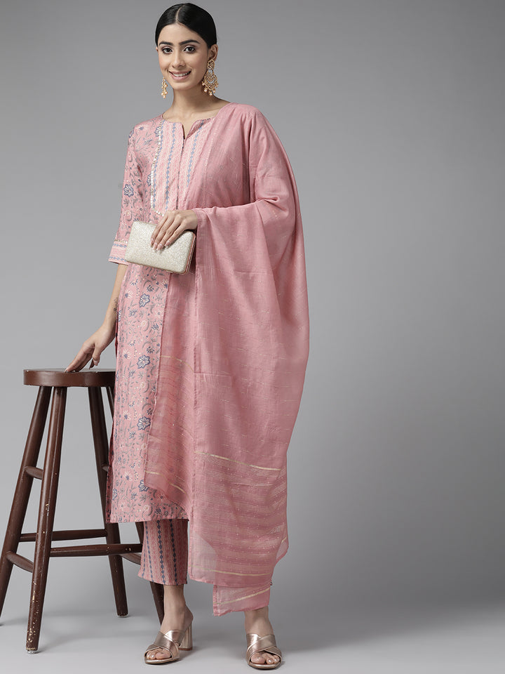 Peach Floral Printed Chanderi Silk Suit Set