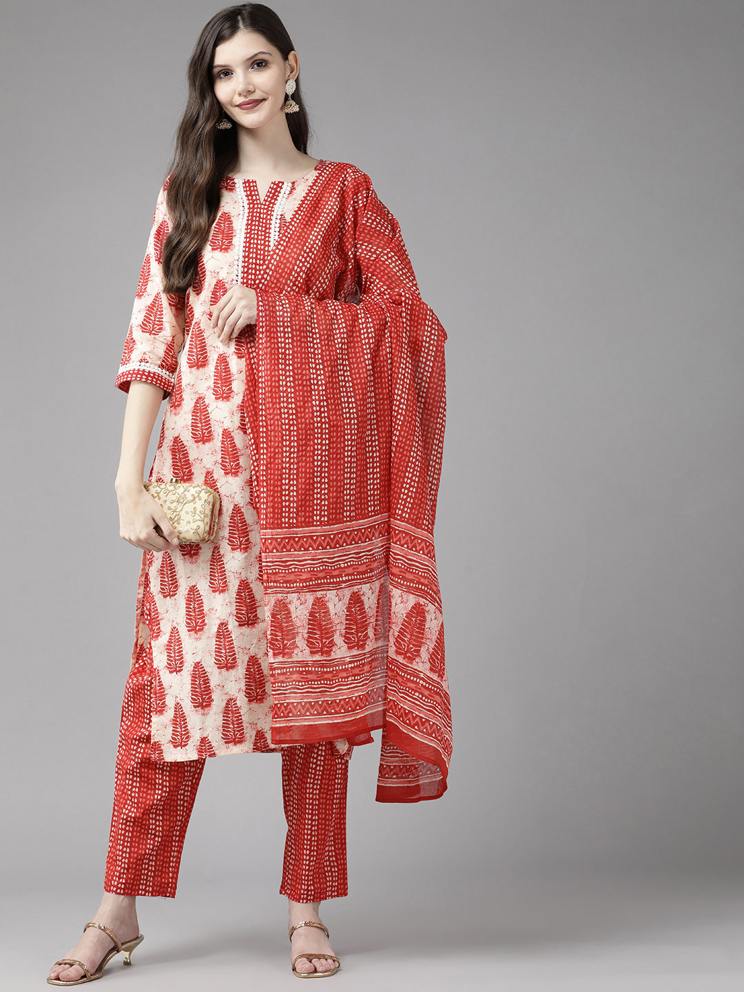 Red Ethnic Motifs Printed Cotton Suit Set