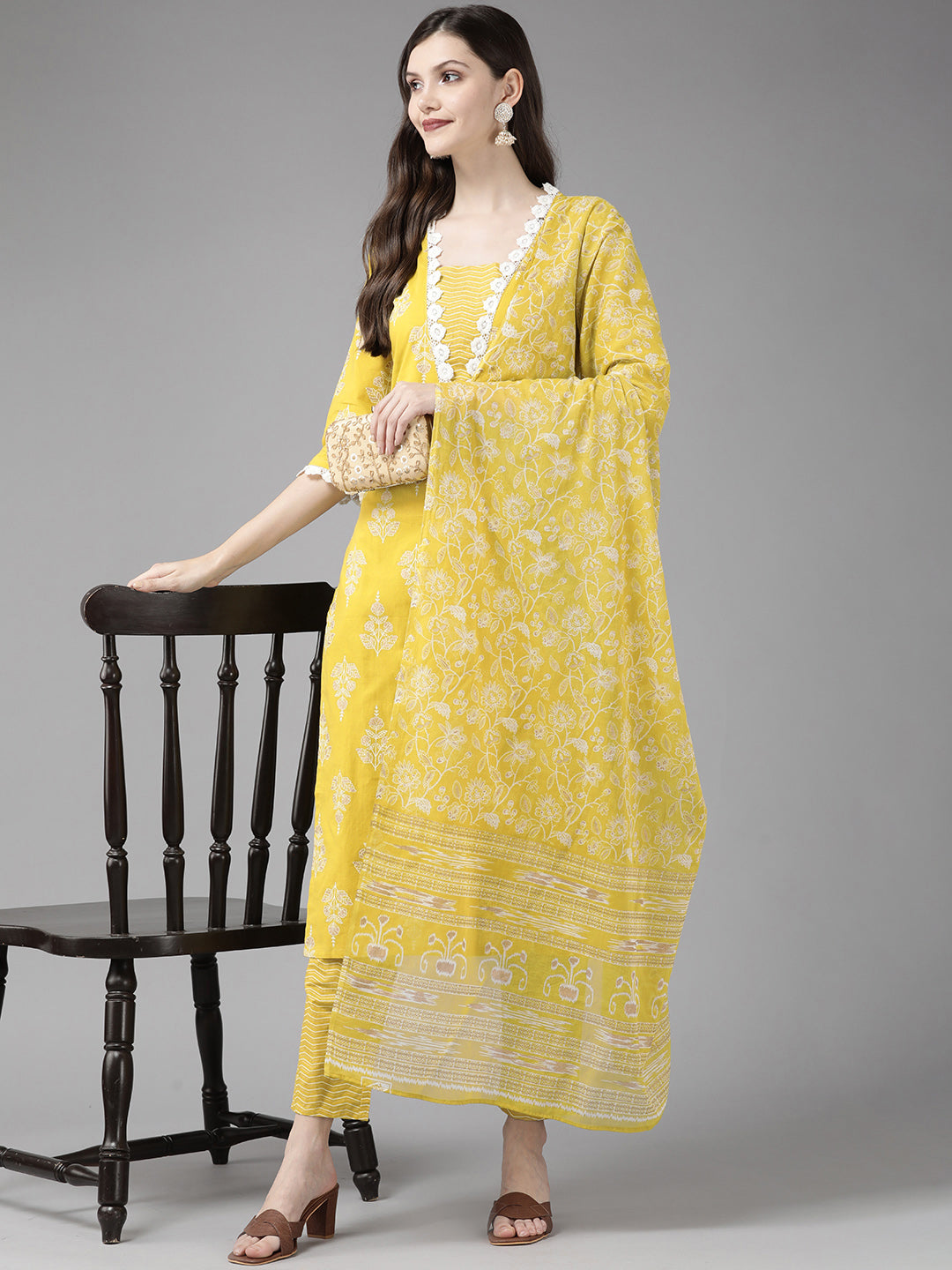 Yellow Floral Printed Cotton Suit Set