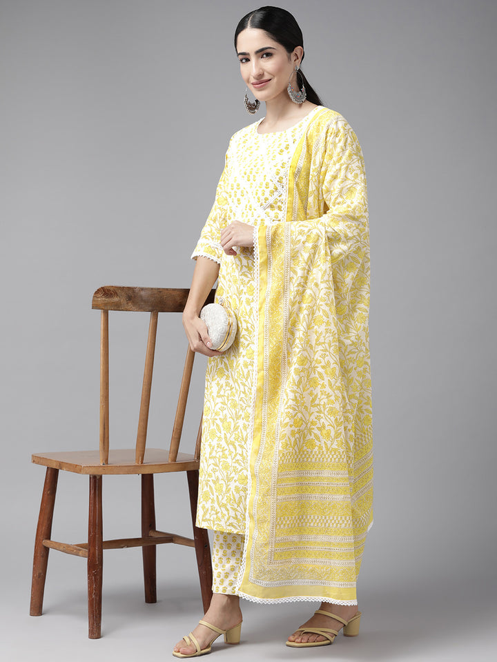 Yellow Floral Printed Cotton Suit Set