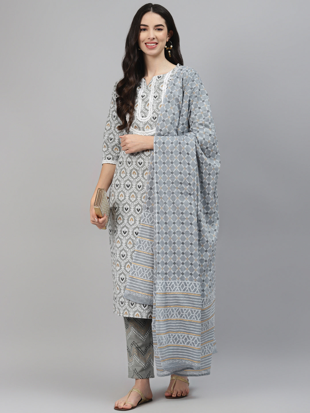 Grey Printed Cotton Suit Set