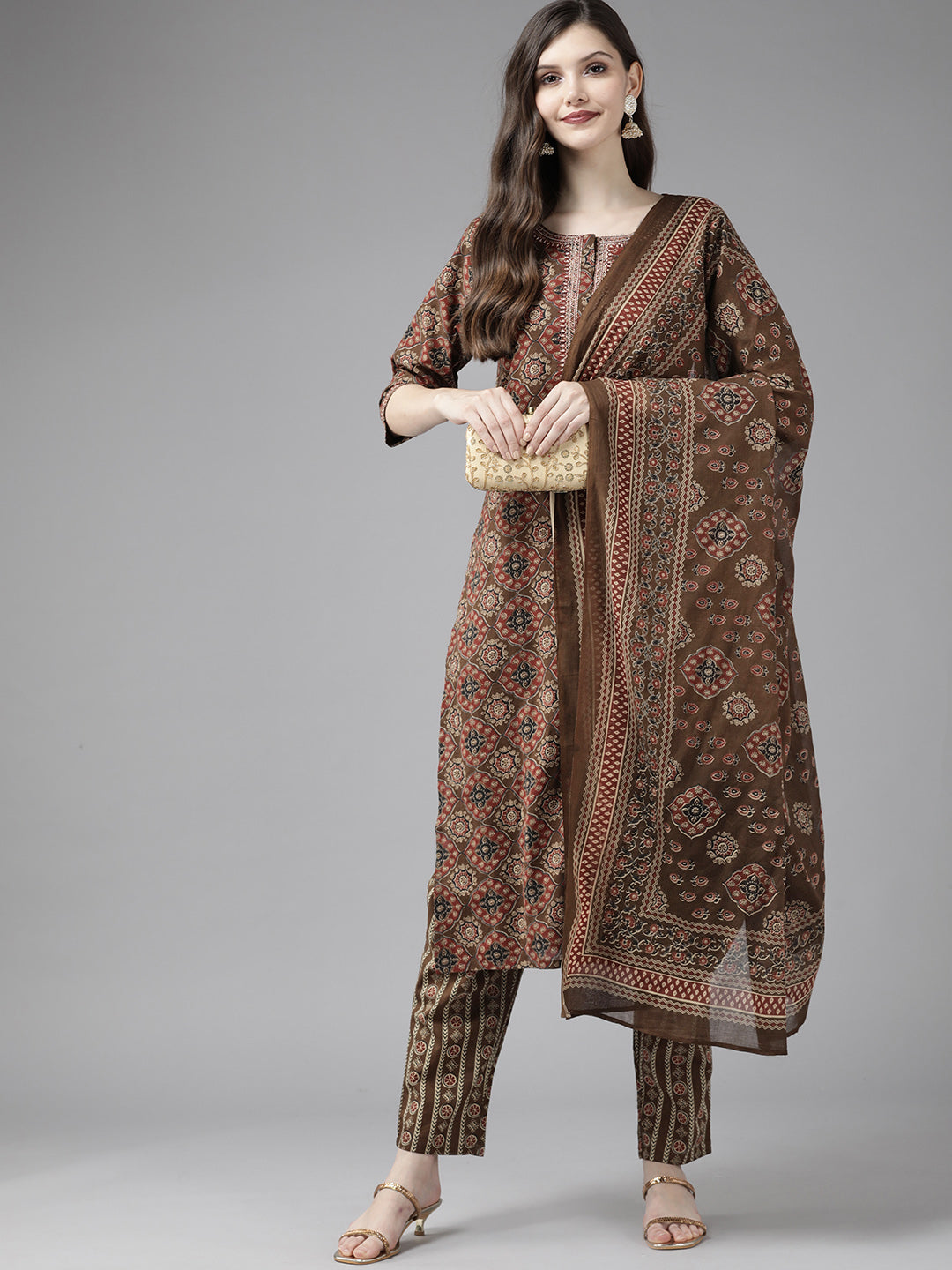 Brown Ethnic Motifs Printed Cotton Suit Set