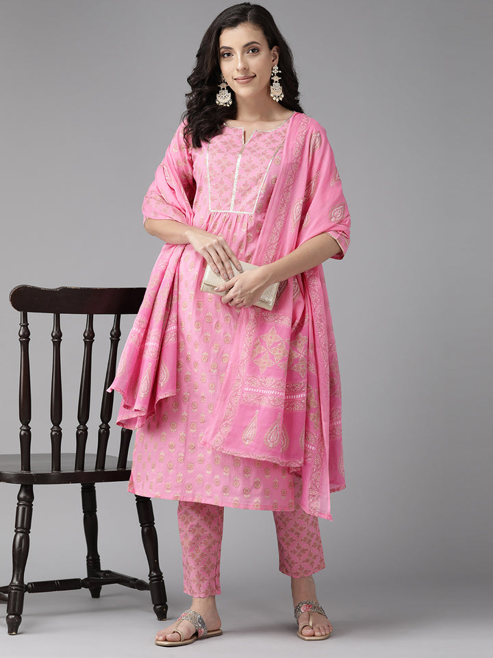 Pink Printed Gotta Patti Cotton Suit Set