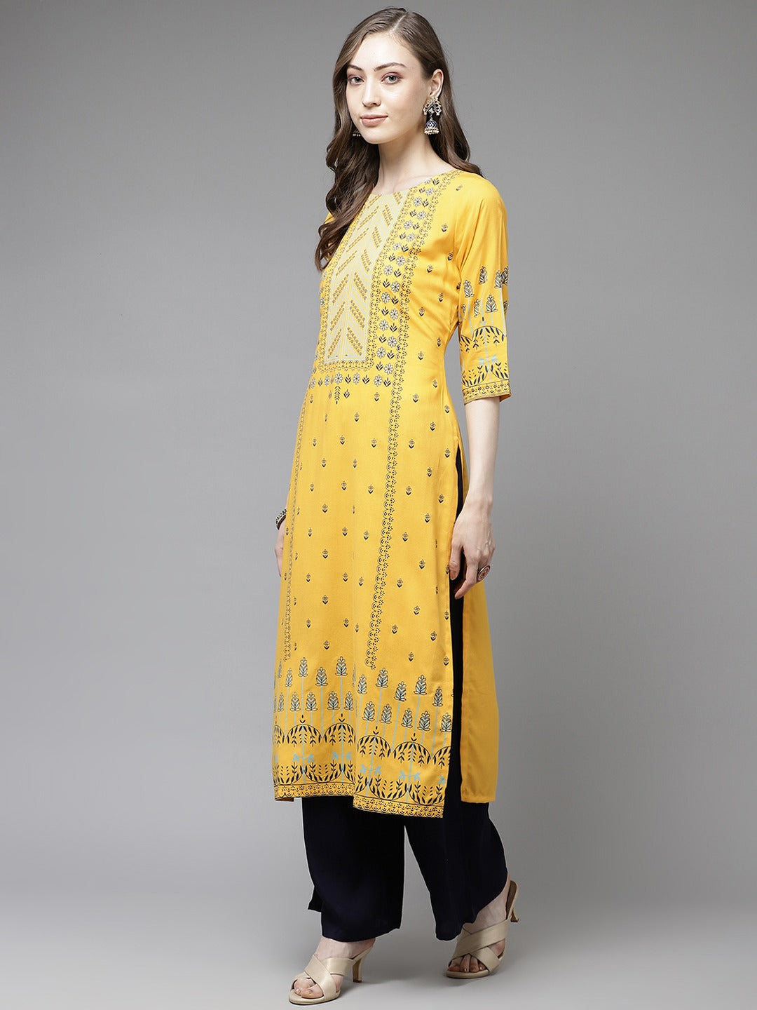 Yellow Hand Printed Rayon Kurta