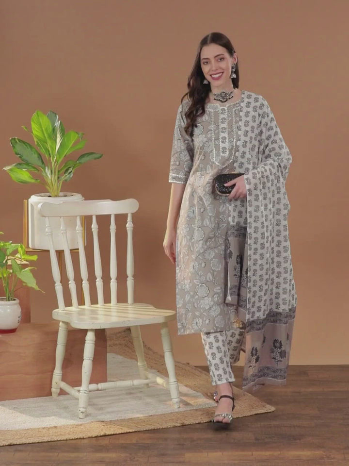 Grey Printed Cotton Suit Set