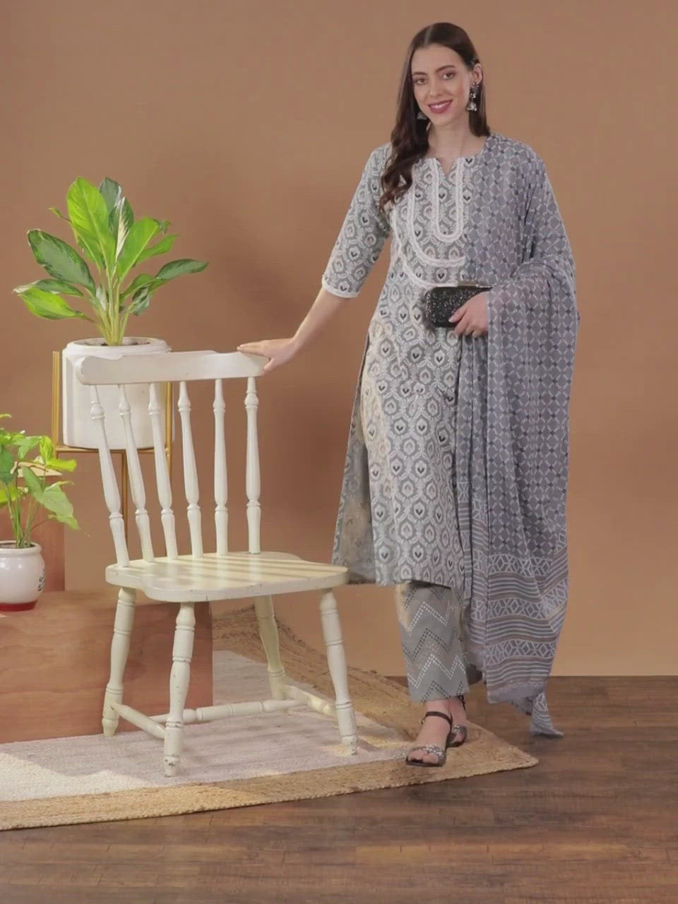 Grey Printed Cotton Suit Set